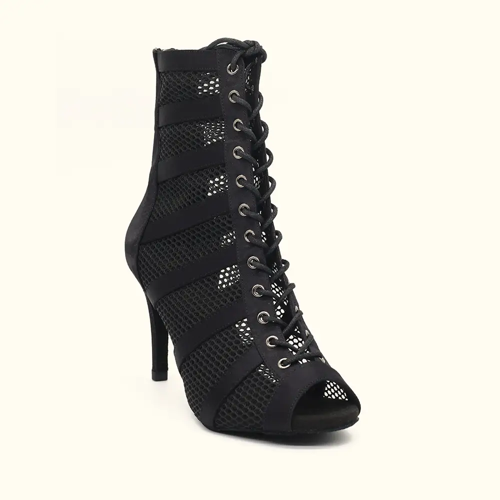 Handcrafted Black Satin Breathable Mesh Stiletto Dance Boots for Competition, Stage & Studio Training Heels Dance Shoes Manufacturer 1
