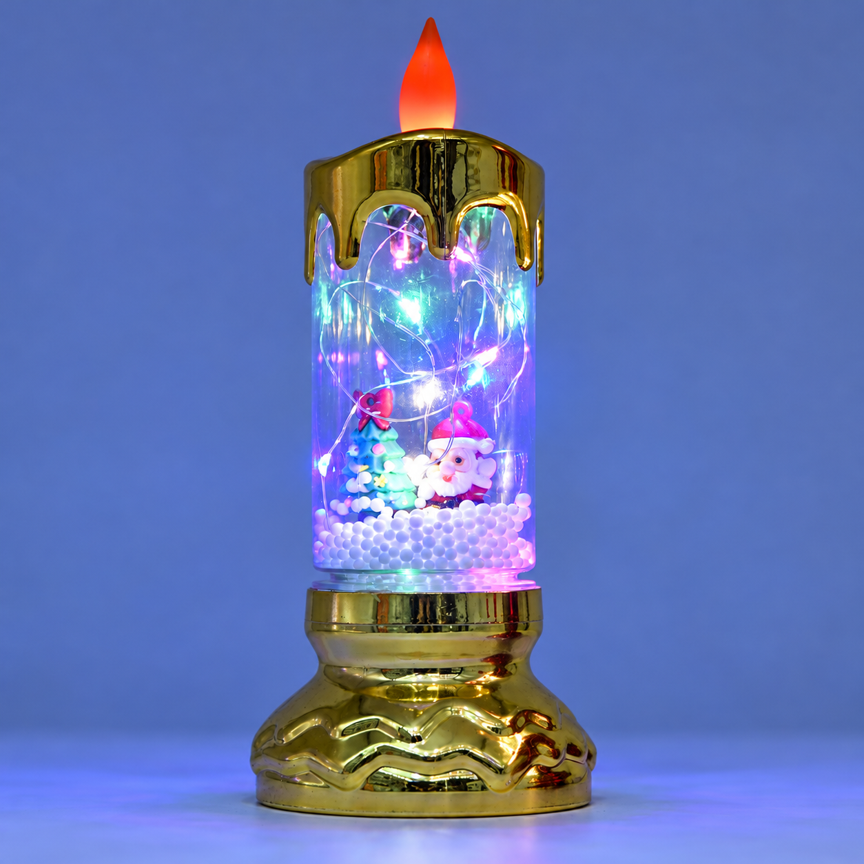 LED Christmas Scene Candle with Fairy Lights & Steady-On Flame, Low Pedestal Base, USB and Battery Powered for Indoor Tabletop Displays 1