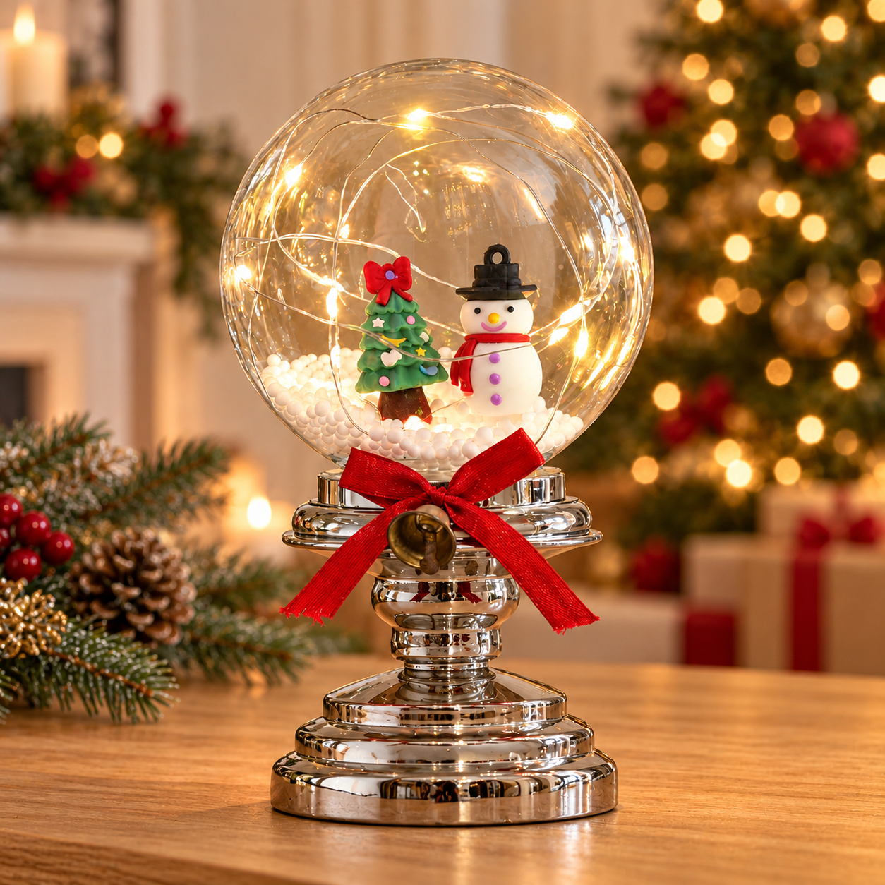 LED Christmas Tabletop Decoration with Globe-Shaped Cover & Fairy Lights, USB and Battery Powered for Indoor Holiday Displays 4
