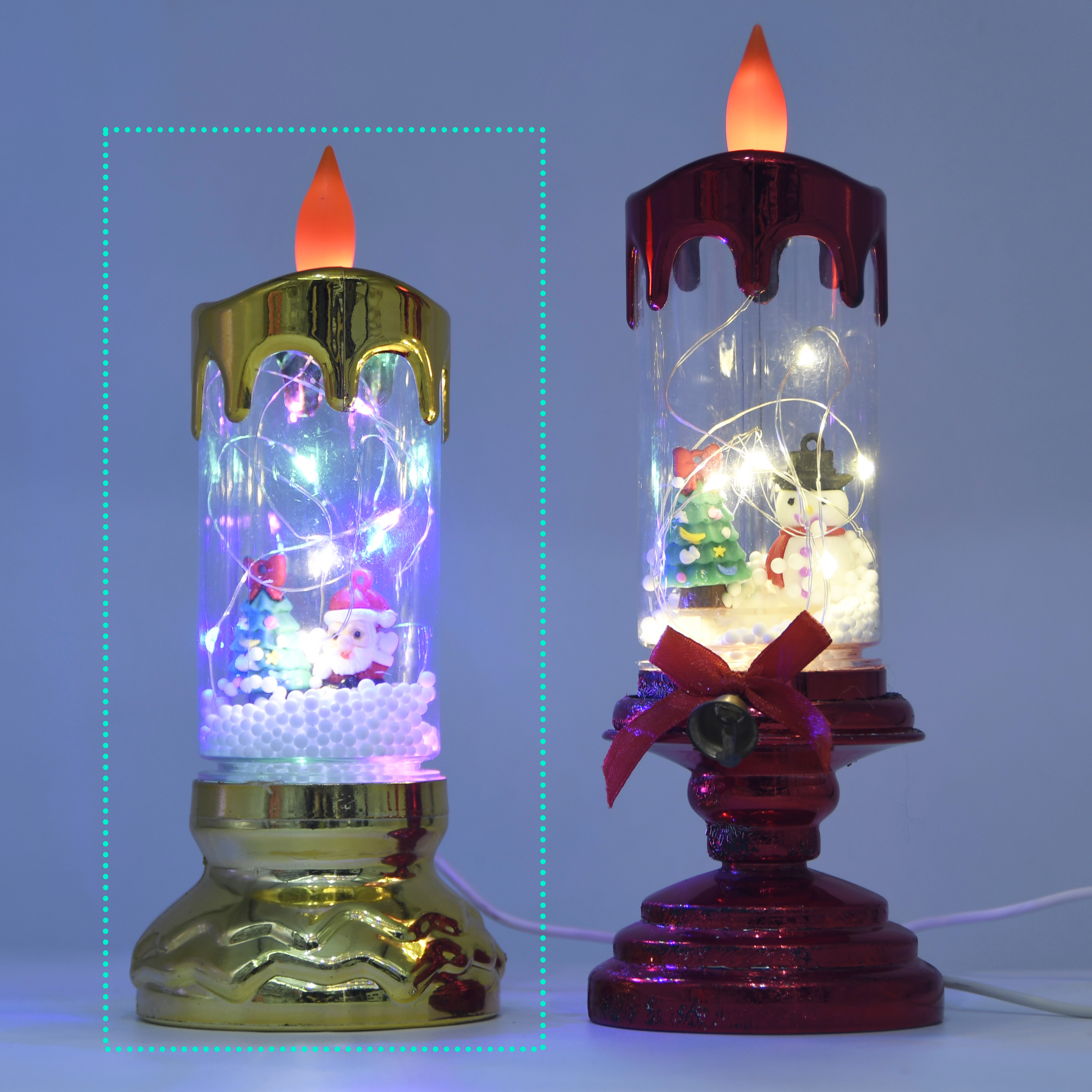 شمعة LED على شكل مشهد عيد الميلاد مع أضواء خرافية ولهب ثابت، قاعدة منخفضة، تعمل بمنفذ USB وبطارية للعرض على سطح الطاولة الداخلي 7