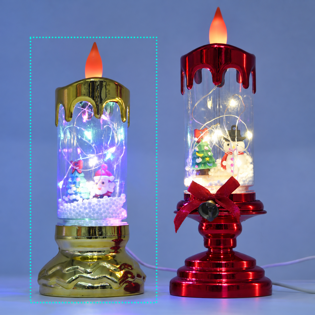 LED Christmas Scene Candle with Fairy Lights & Steady-On Flame, Low Pedestal Base, USB and Battery Powered for Indoor Tabletop Displays 6