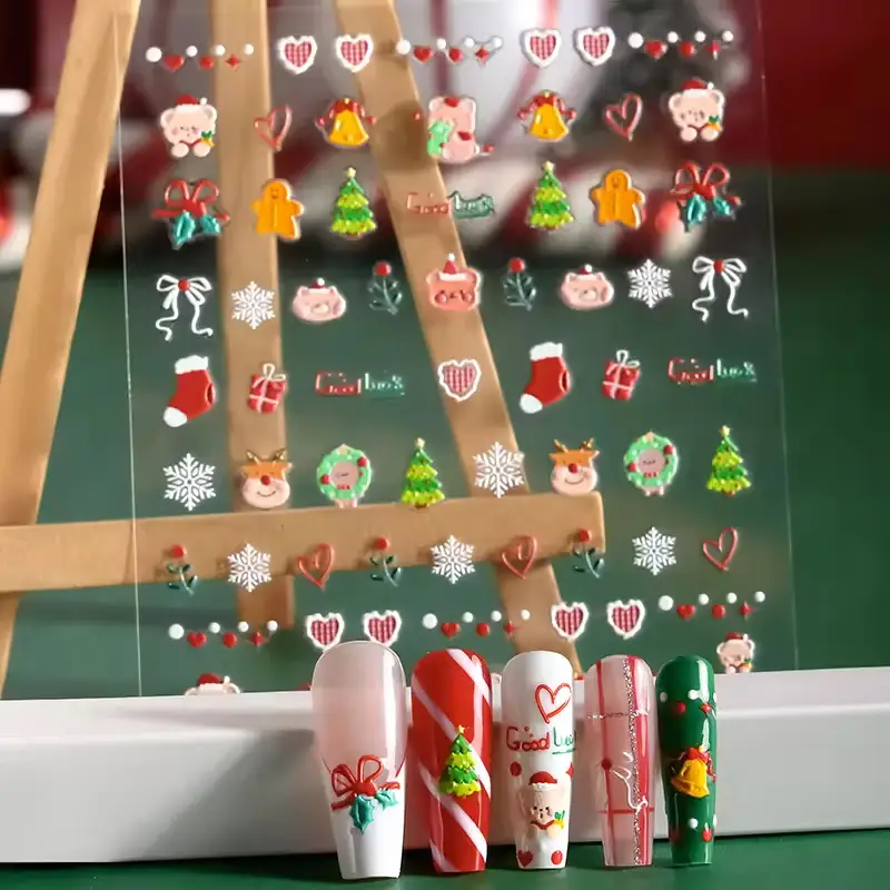 Cute 5D Christmas Nail Decals Kid Friendly Self-Adhesive Multi-Pattern Easy Apply 1