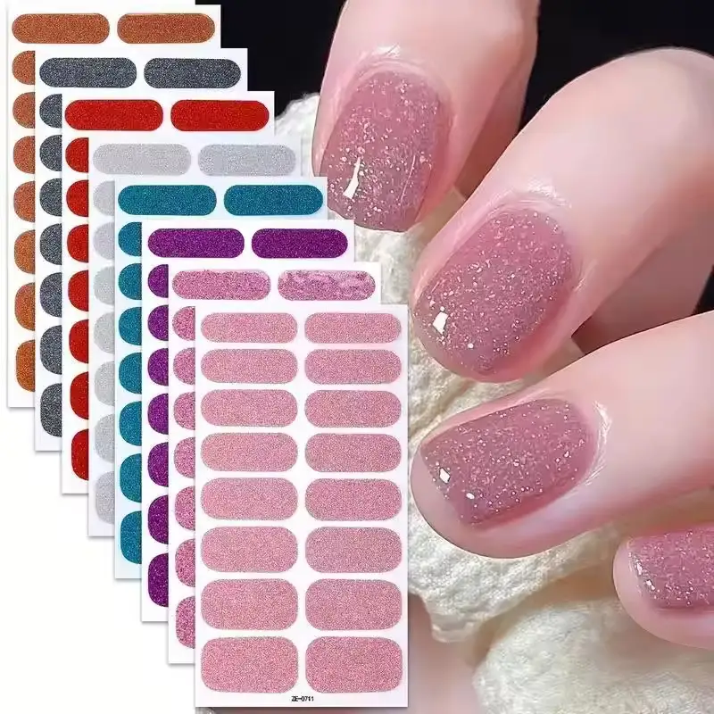 Custom Wholesale 16 Strips Gloss Gold Glitter UV-Free Nail Wraps Waterproof & Solid Color 1
