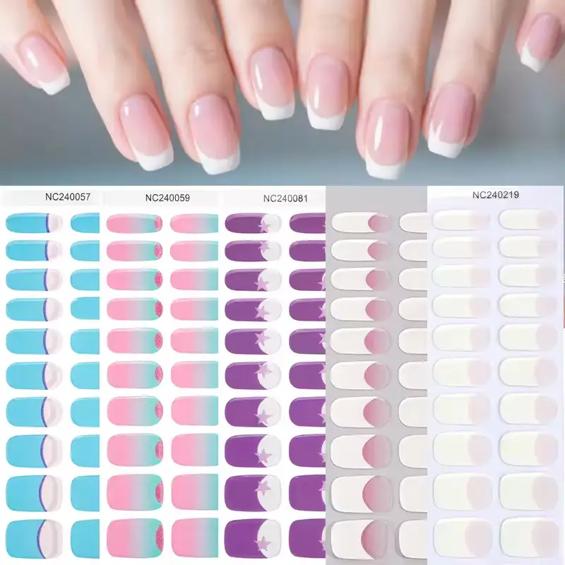 French Solid Color Gel Nail Wraps with Shiny Glitter Line Elegant Nail Art Stickers 1