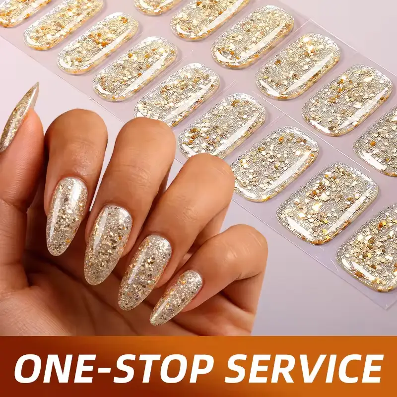 Wholesale Shiny Red Glitter Gold Foil UV-Free Gel Nail Strips 1