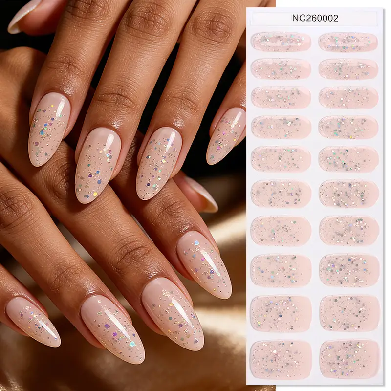 20 Strips Elegant Nude Pink Chunky Holographic Glitter Semi-Cured Gel Nail Strips  Keywords: 1