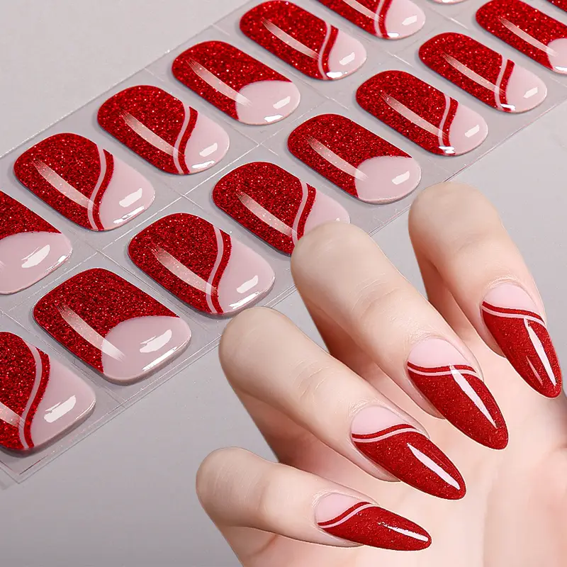 20 Strips Elegant Ruby Red French Tip Fine Glitter Semi-Cured Gel Nail Strips 1