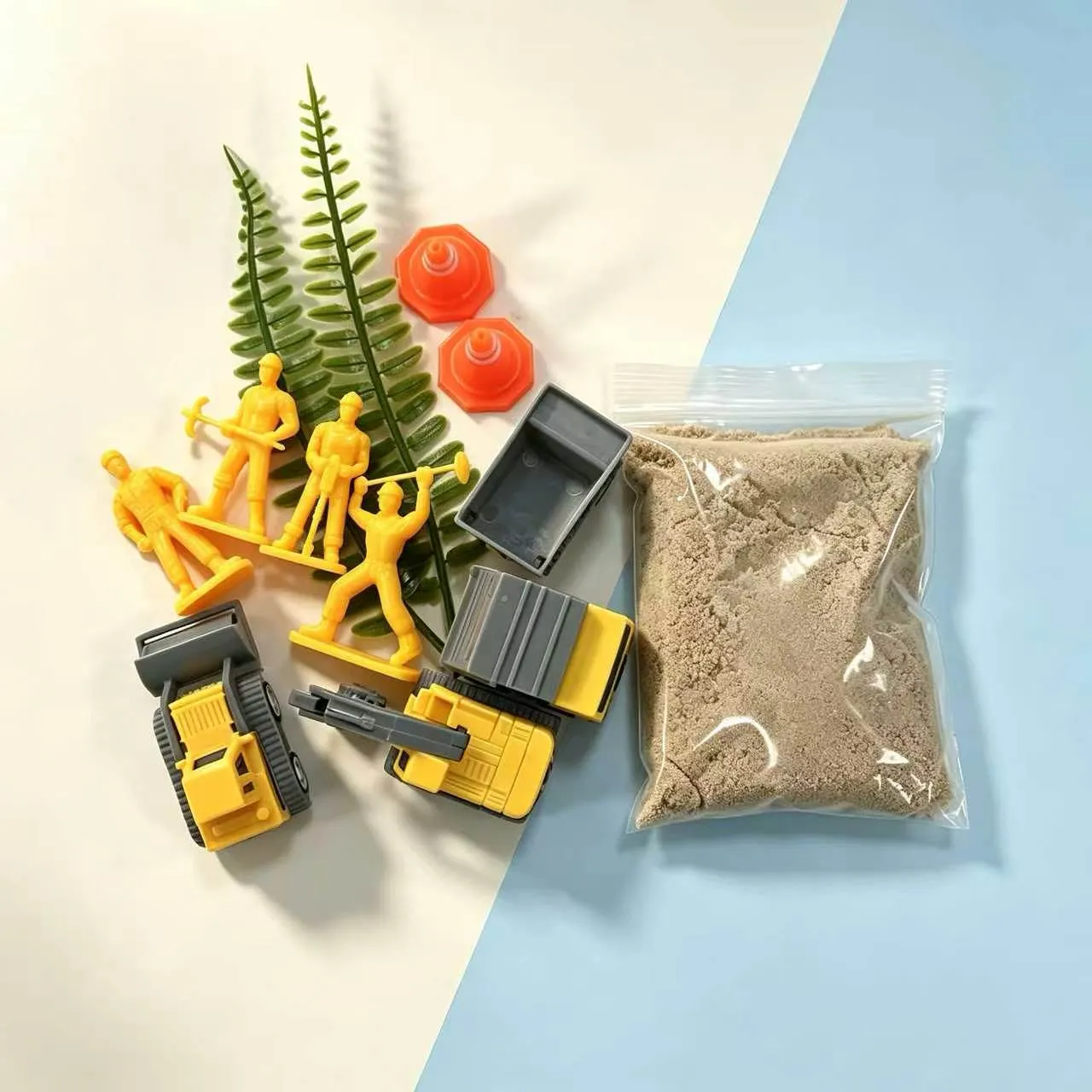 Construction Truck Sand Play Set with 200g Sensory Sand, Engineering Vehicle Molds Worker Figures, Kids Moldable Sand Toy for Boys,Gift for boys. 1