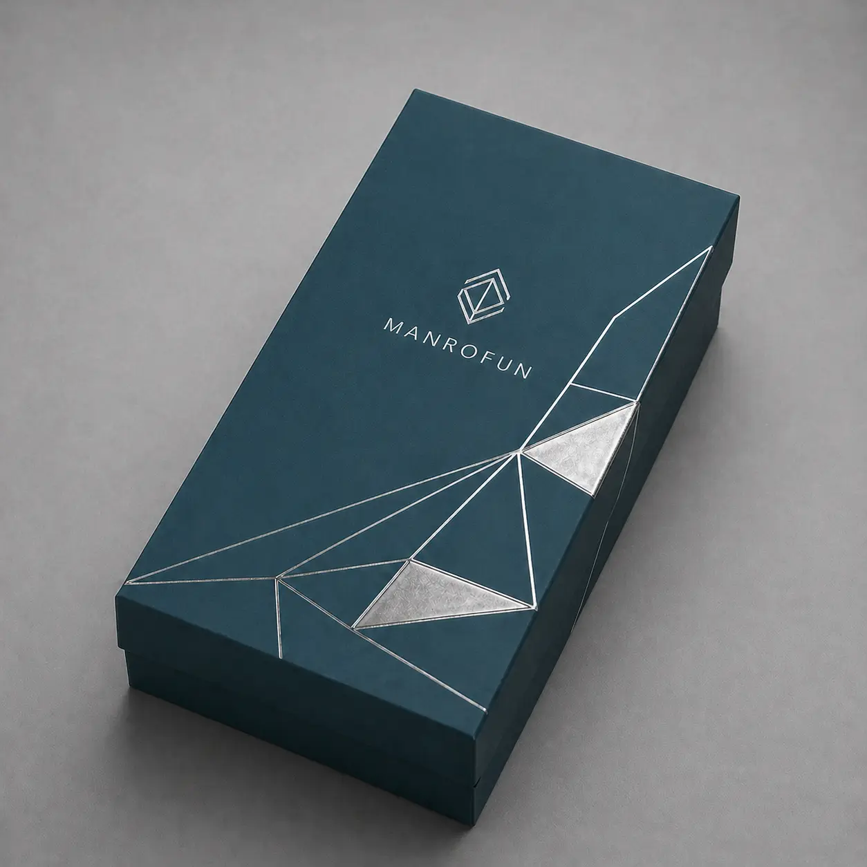 Deep Teal Perfume Box with Geometric Silver Line Design 1