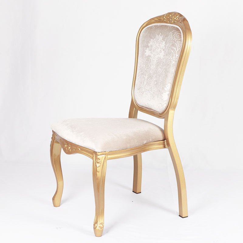 Modern beige fabric brown aluminium tubular imitated wood stacking dining chair upholstered with soft cushion 10