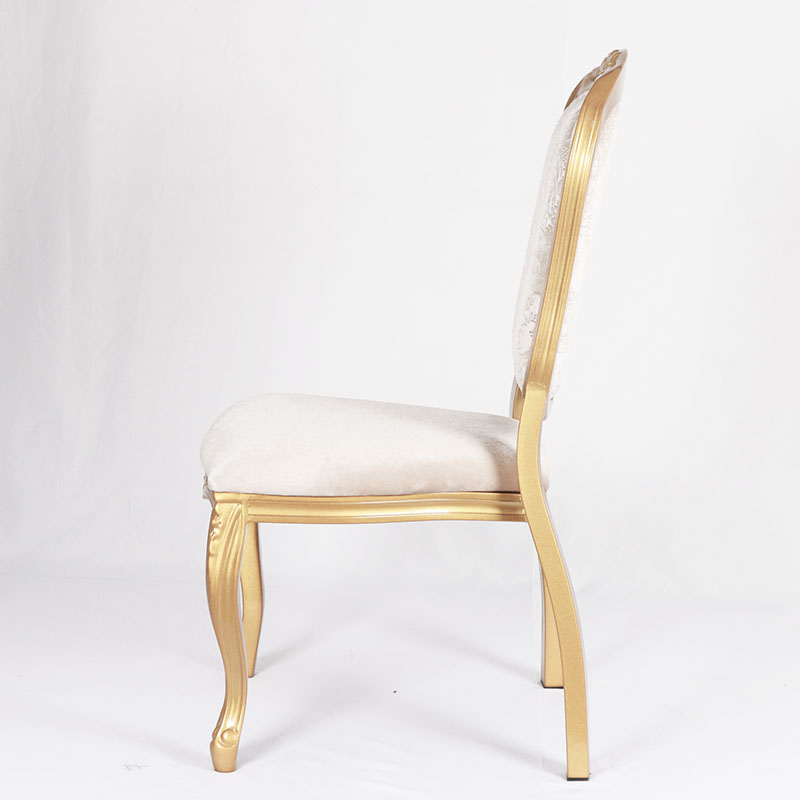 Modern beige fabric brown aluminium tubular imitated wood stacking dining chair upholstered with soft cushion 11