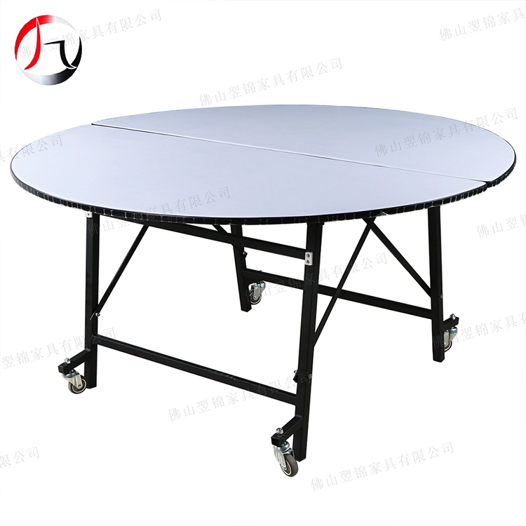 MHJ furniture - White Round Movable Folding Wooden Banquet Dining Table With Wheels Banquet table 1