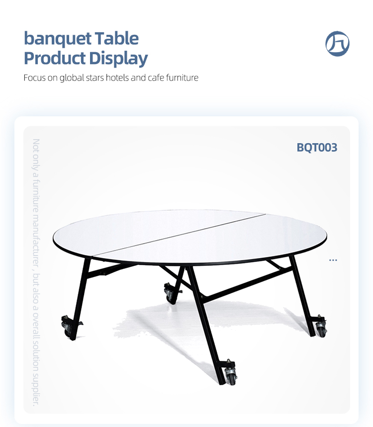 White round movable folding wooden banquet dining table with wheels