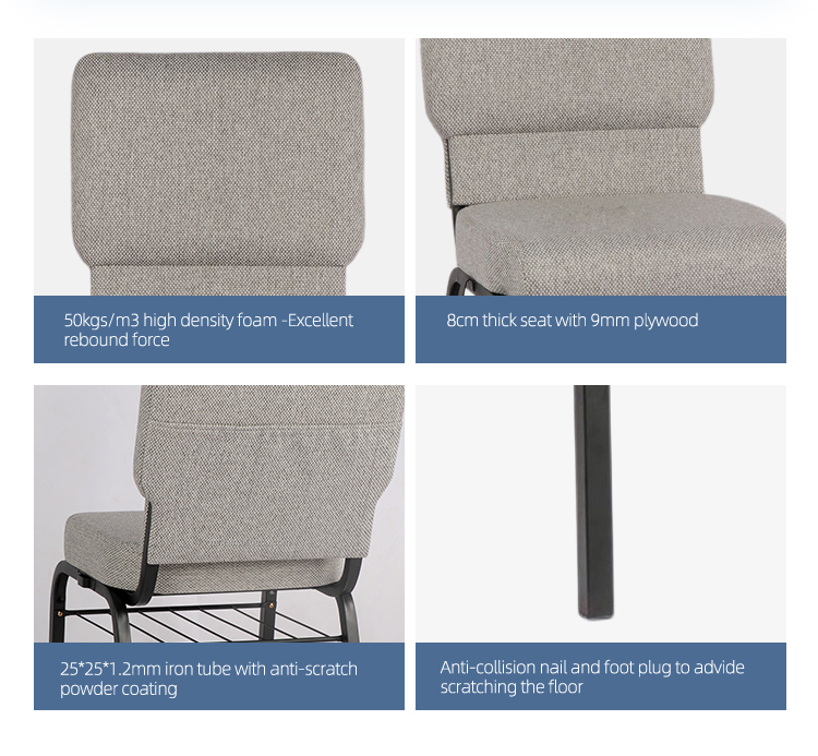 Stacking upholstered interlocking used padded grey auditorium church chair with back pocket