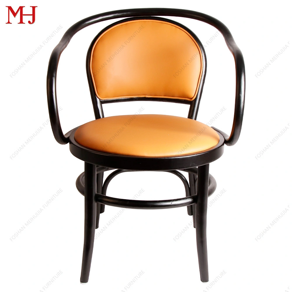 Cheap Classical Modern Metal Orange Leather Restaurant Chair with Armrests and Metal Legs 1