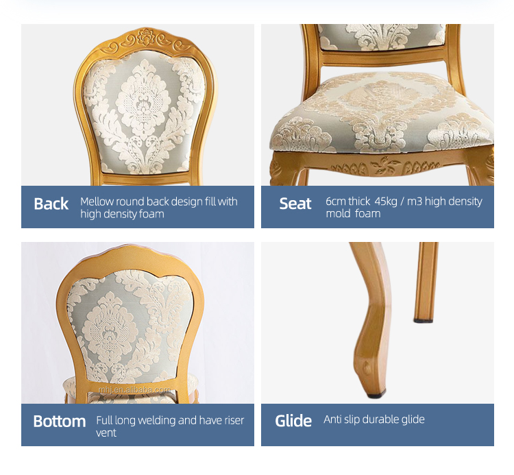Luxury stackable upholstery dining chairs royal gold Imitated wooden wedding banquet chair
