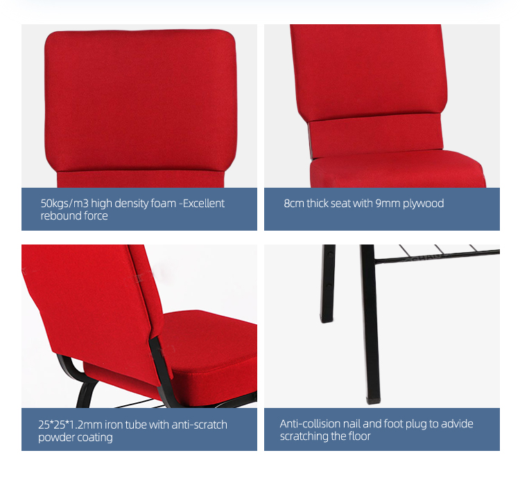 Cheap price metal frame red chairs stackable church hall chair with book rack