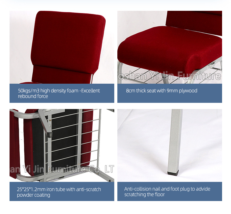 Wholesale burgundy fabric auditorium church chair with envelope holder