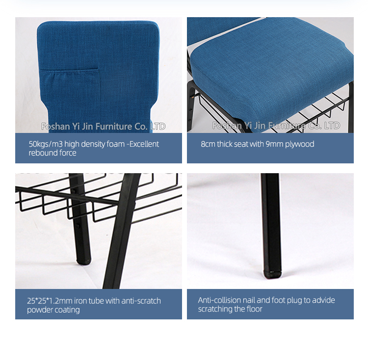 Royal blue fabric interlocking metal upholstered used church auditorium theater chair with bookrack