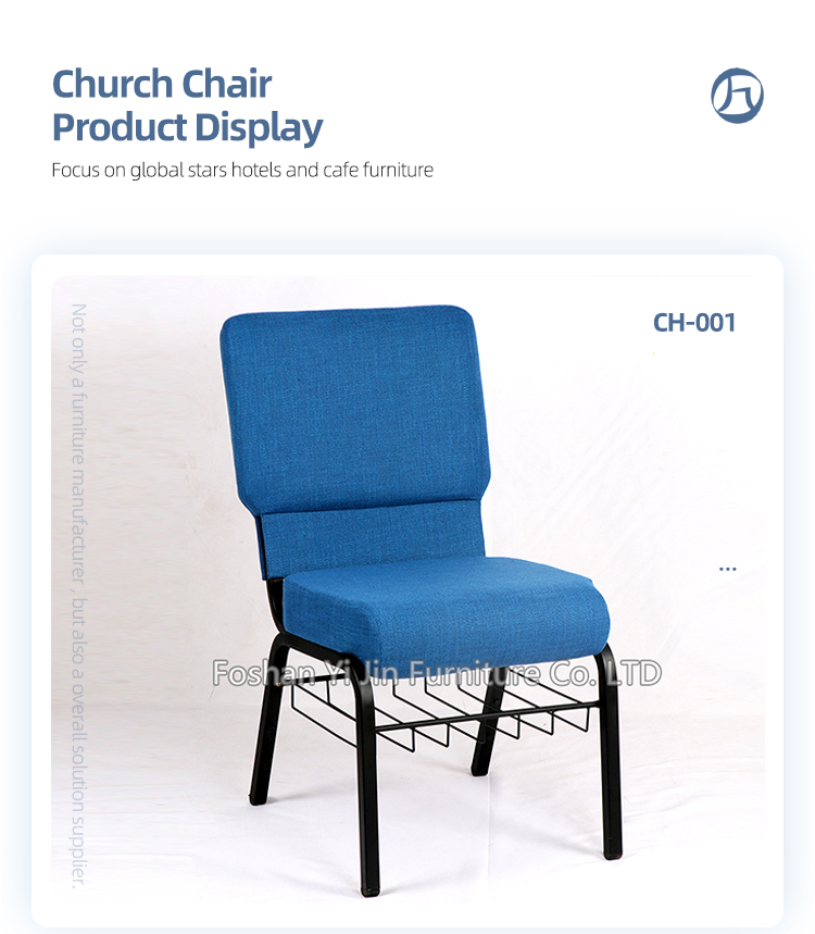 Royal blue fabric interlocking metal upholstered used church auditorium theater chair with bookrack