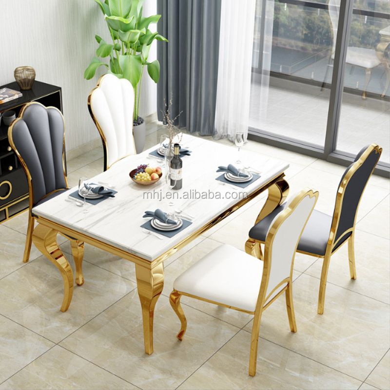 MHJ furniture - Luxury Modern Nordic Italian Rectangle Marble Stainless Steel Dining Table Stainless steel chair and table 9