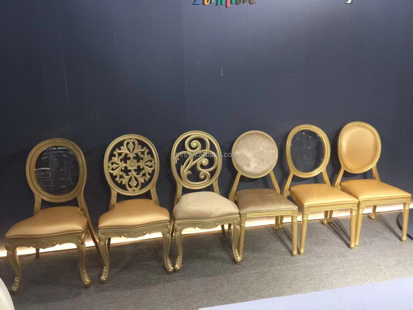 MHJ furniture - Stackable Gold Round Back Ghost Louis Banquet Wedding Chair Plastic chair and table 7