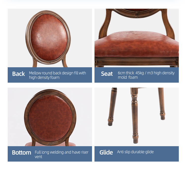 Wholesale aluminum metal french louis XV round back restaurant furniture hotel banquet leather dining chair