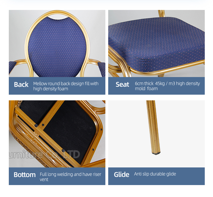 blue dot fabric oval round back aluminum banquet armrest chair