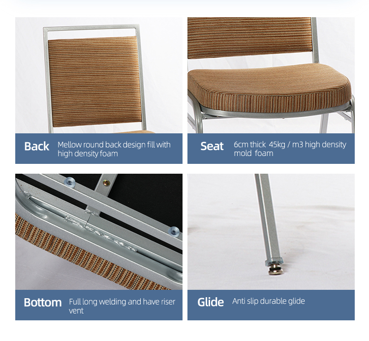 Upholstered fabric dining hotel furniture stackable chair iron metal banquet hall chairs