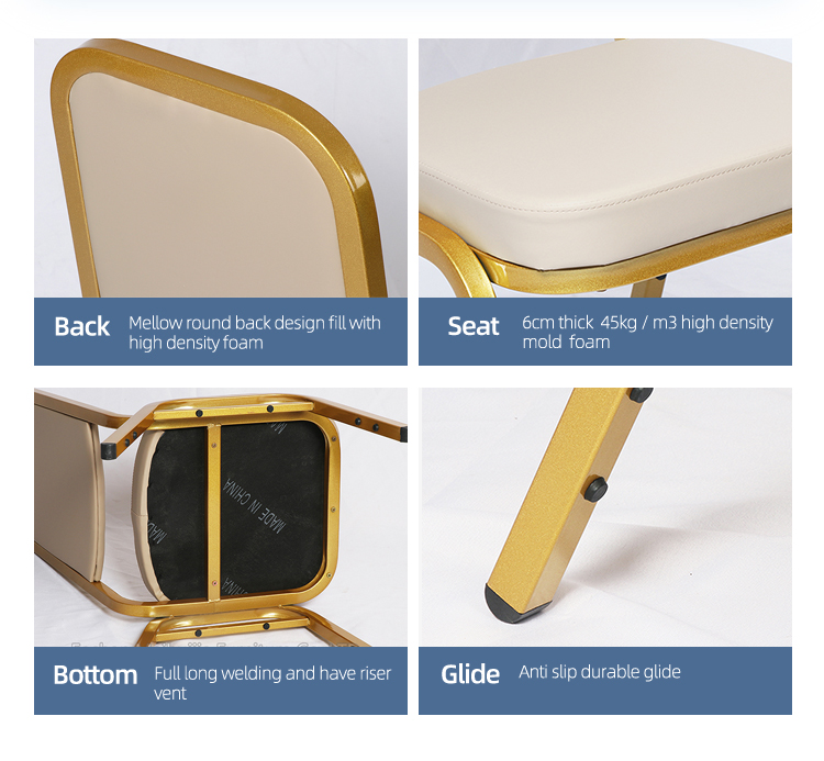 High quality PU leather gold iron metal stackable 5 stars hotel banquet dining chair for wedding events