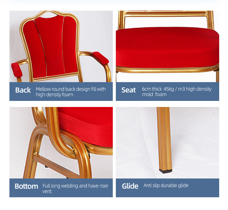 Red velvet wholesale stackable iron metal restaurant banquet chair with arms