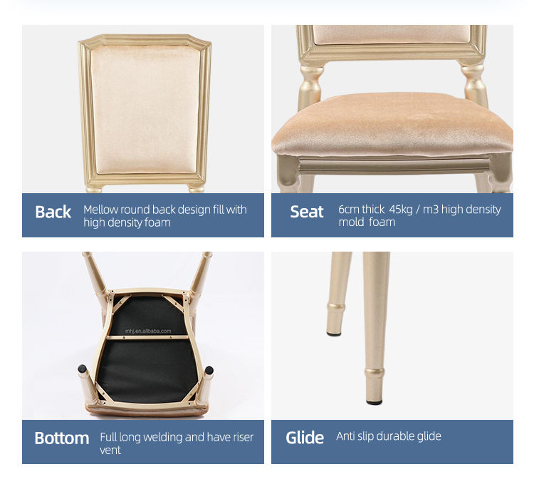 Customized French luxury champagne velvet dining chairs wedding banquet event used chair