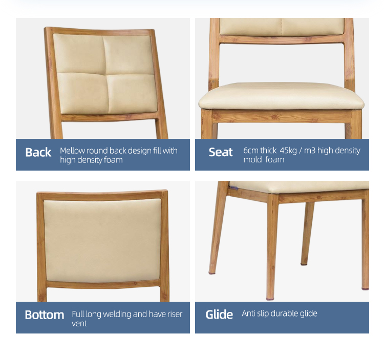 Customizes commercial aluminum wood look restaurant hotel banquet dining chairs