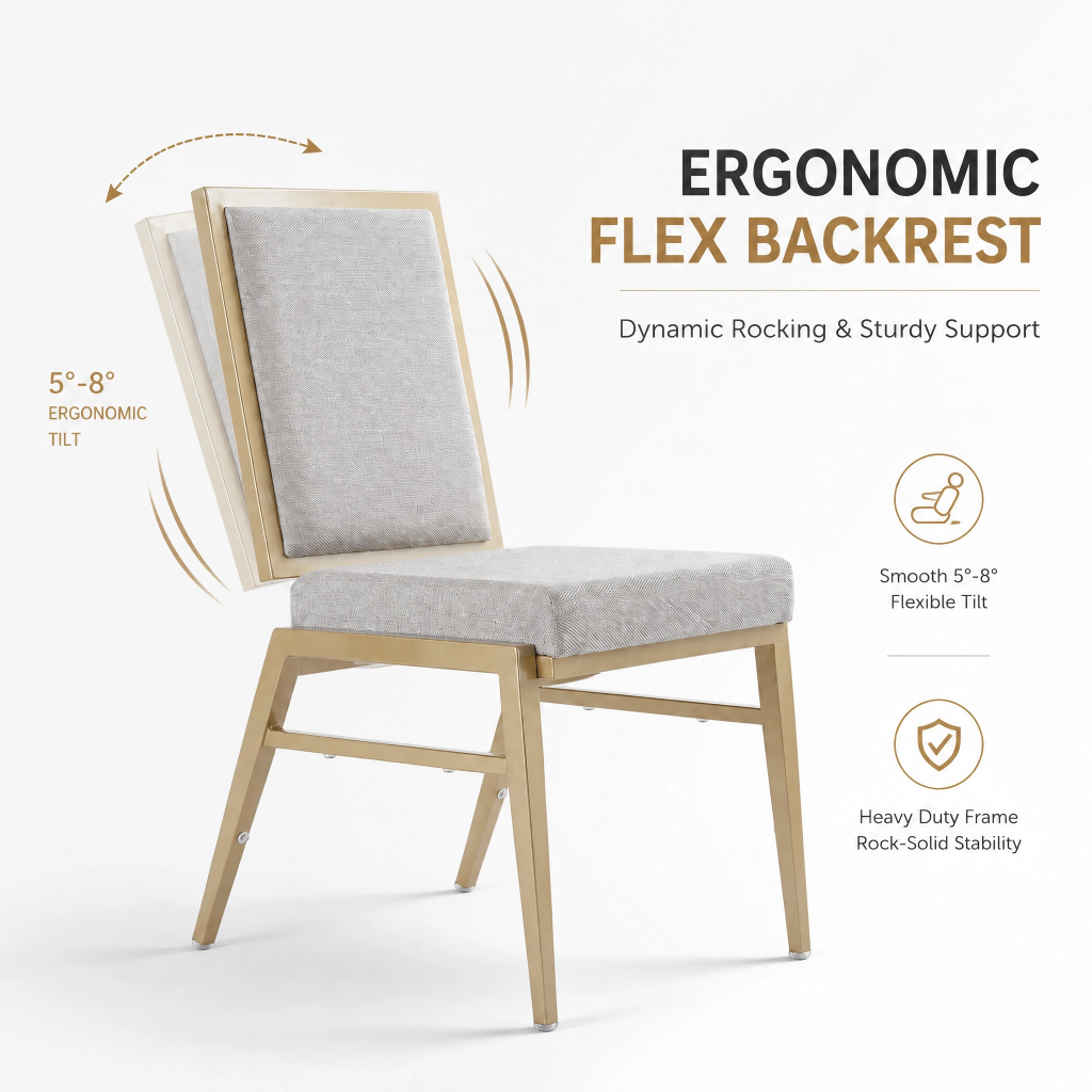 Dynamic rocking flex backrest, heavy-duty gold metal frame, padded fabric seat, luxury seating for hotel, banquet hall & restaurant 1