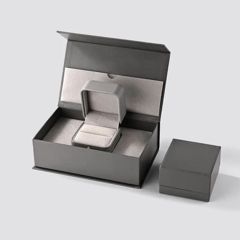 Kotak Hadiah Perhiasan Magnet Abu-abu Mewah dengan Kotak Cincin dan Kotak Anting 1