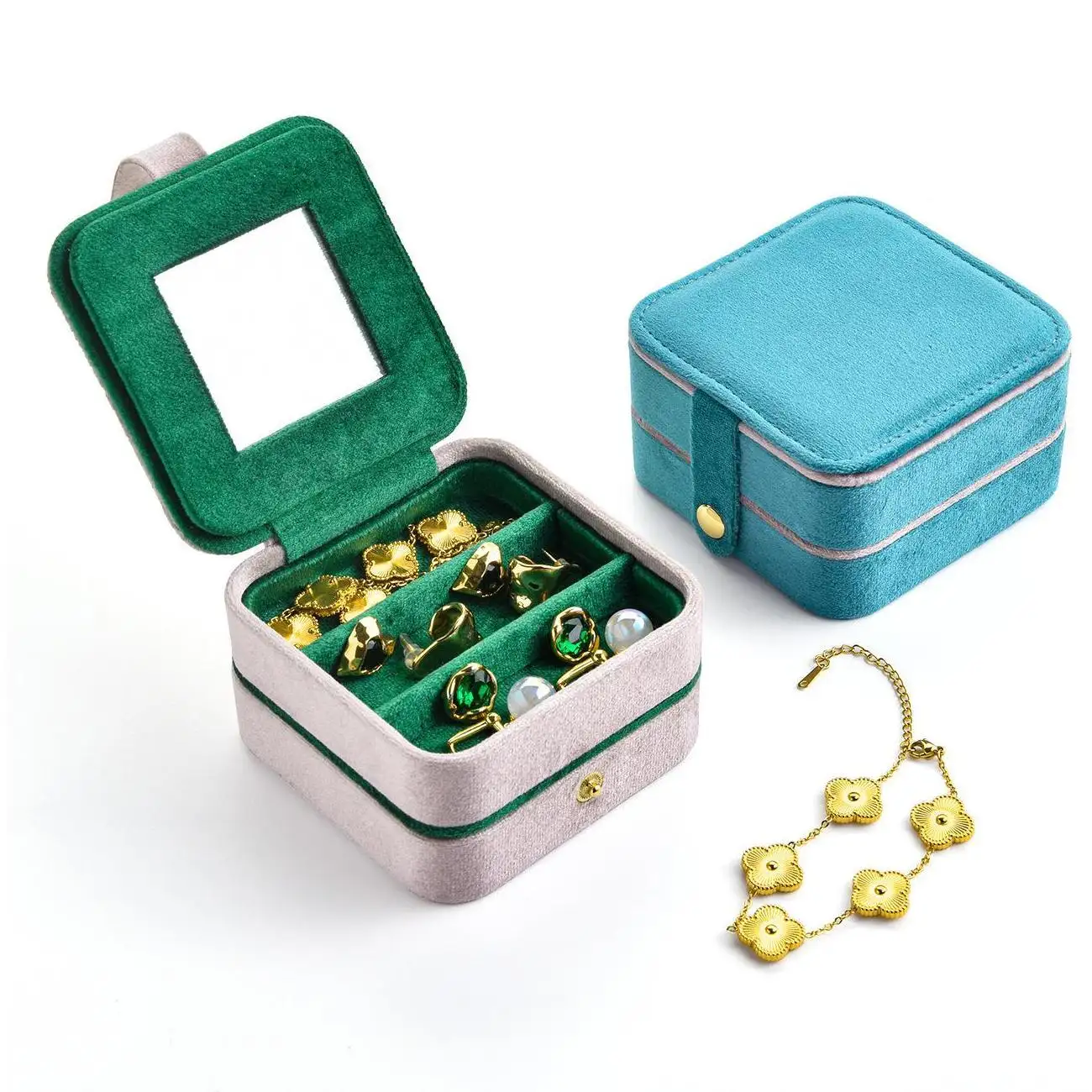 Exquisite Double-layer Color-blocked Velvet Travel Jewelry Box 1