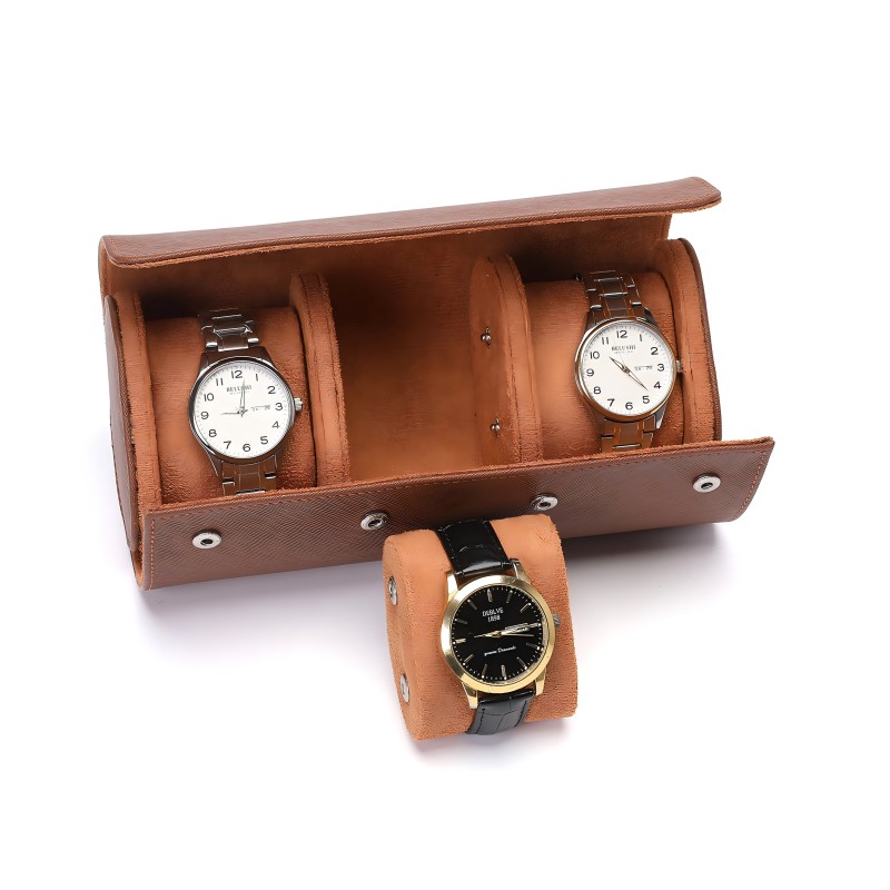 Brown 3 slots travel watch roll cases