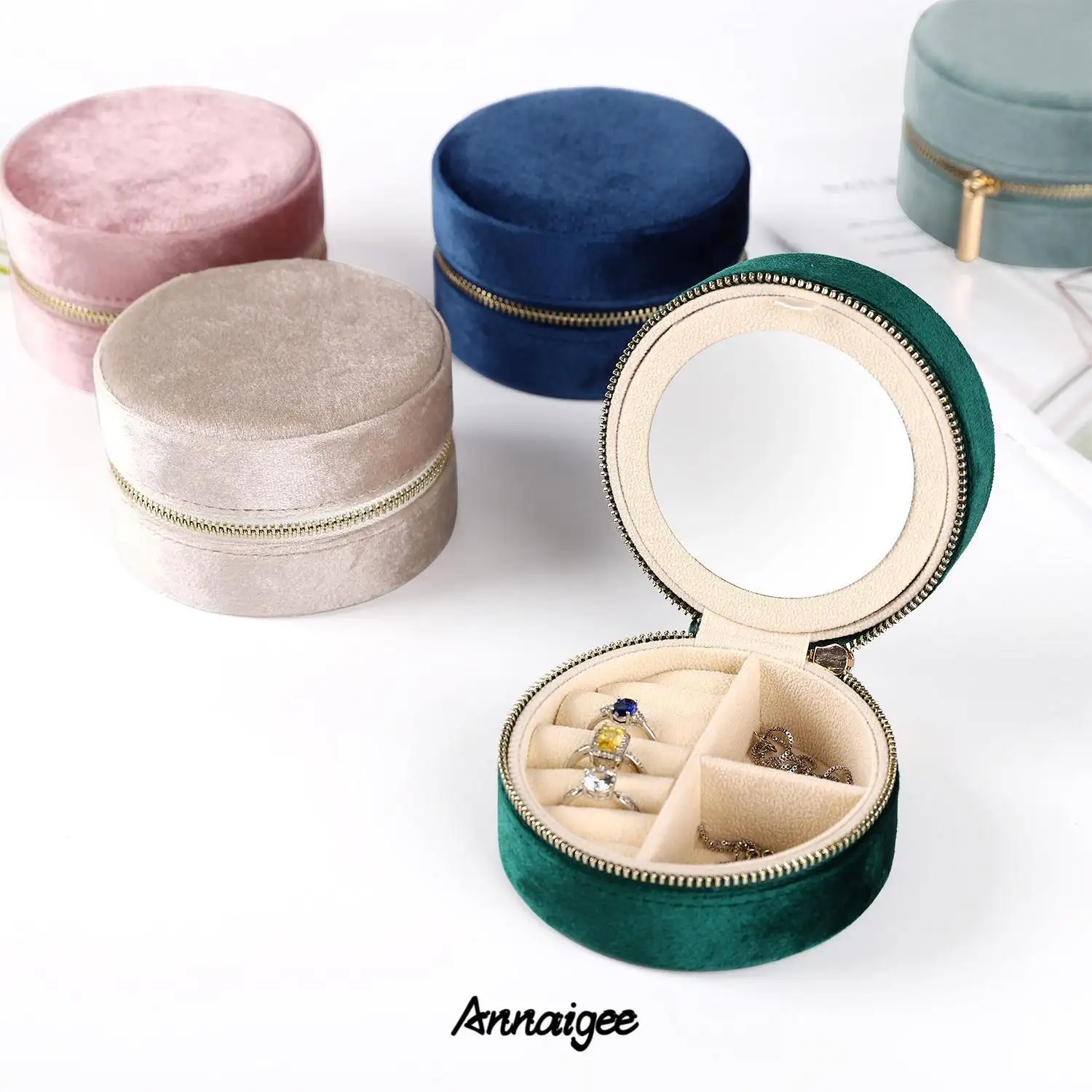 Round Travel Jewelry Case Double Layer Bridesmaid Jewelry Box - Annaigee 1