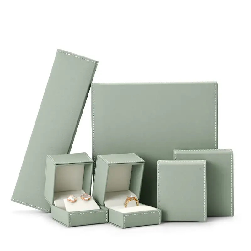 Wholesale Custom Light Green Leather Jewelry Ring Earring Boxes 1
