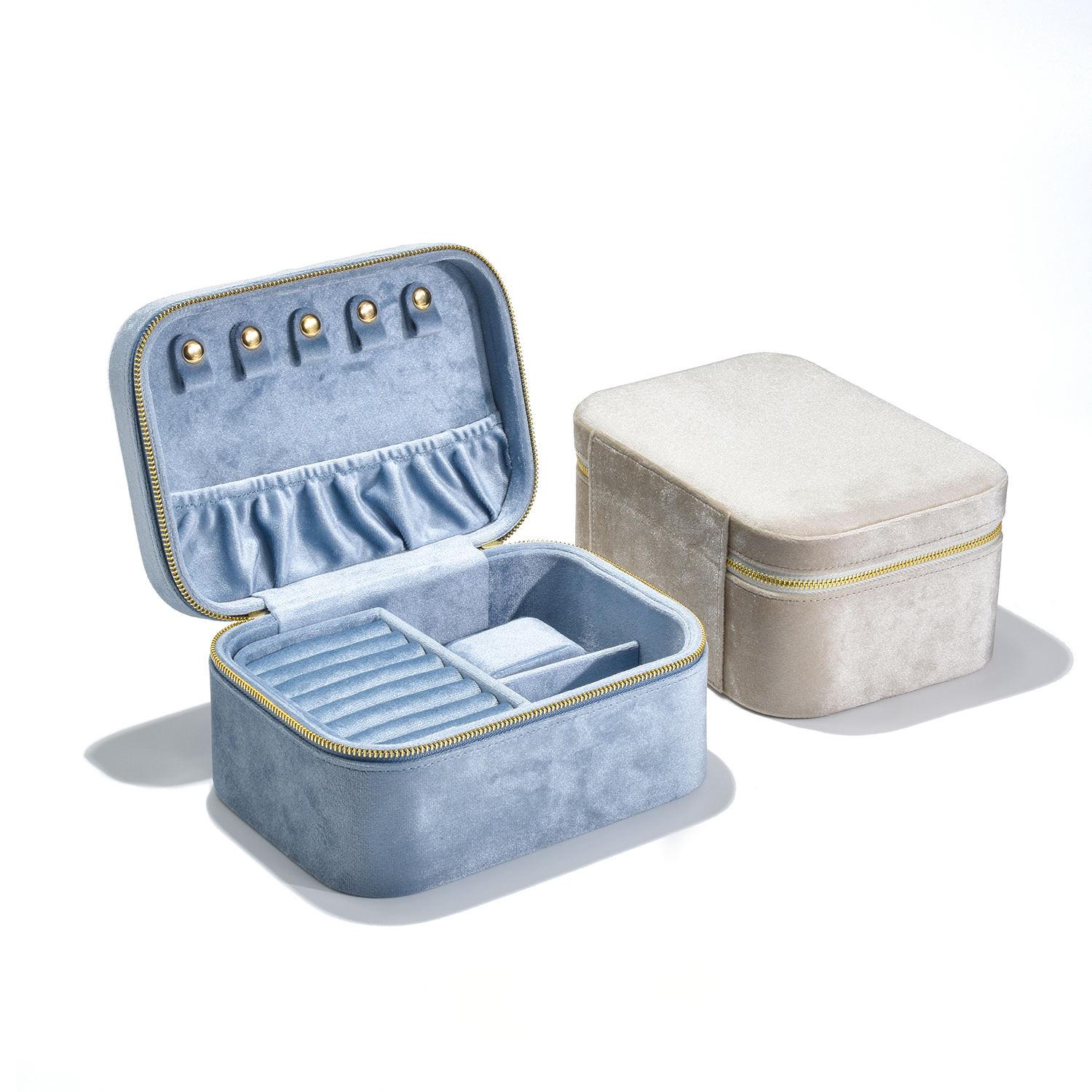 Light blue velvet travel jewelry box