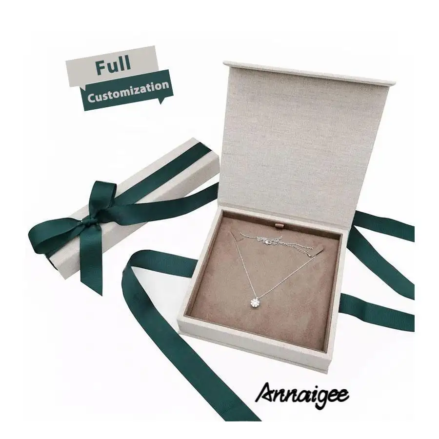 Cajas de regalo magnéticas ecológicas de lino natural para joyería al por mayor - Annaigee 1
