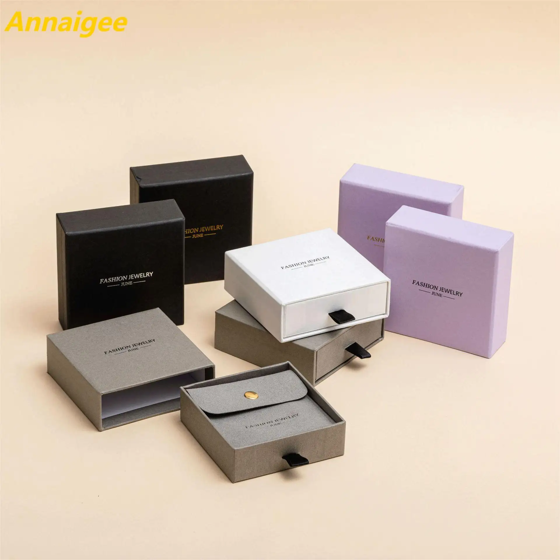Wholesale Paper Drawer Jewelry Box Paired With A Custom Jewelry Pouch - Annaigee 1