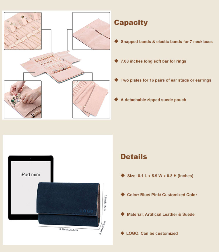 Annaigee - Supple Suede Jewelry Organizer Roll Travel Jewel Bag case for Multiple Necklaces Jewelry Storage Organizer 9
