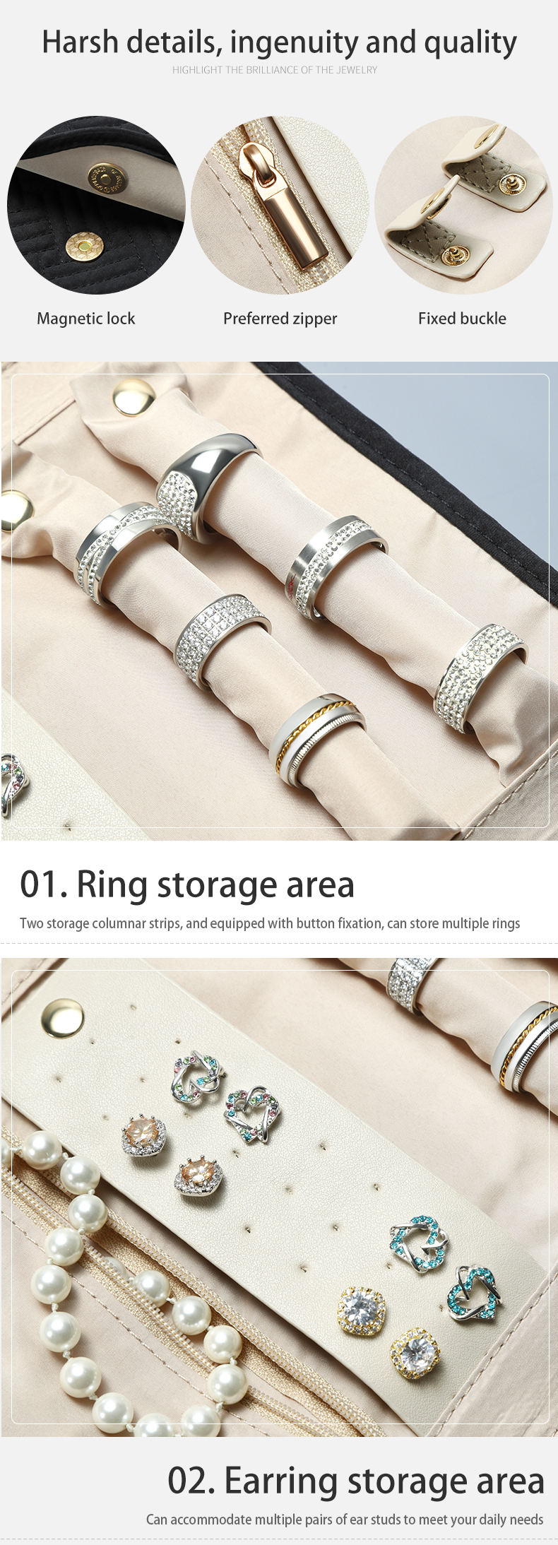 With specially designed compartments and secure fastenings, our jewelry roll will keep all your precious pieces organized and tangle-free while on the go.