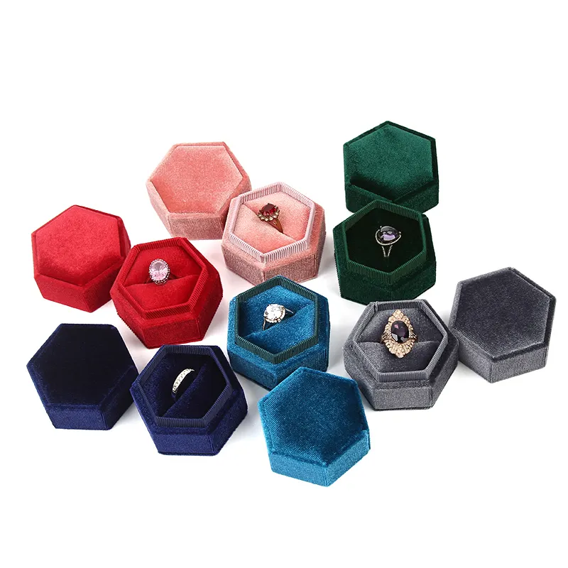Elegant Velvet Hexagon Ring Double Ring Jewelry Box Design - Annaigee 1