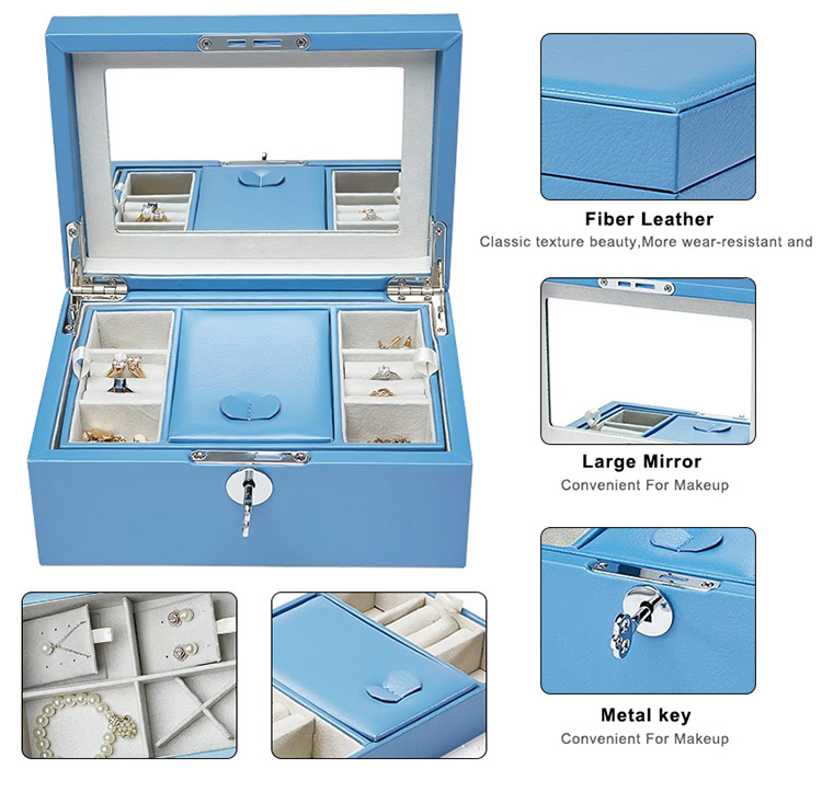 Vintage Lockable 2 Layers Necklace Earrings Ring Pu Leather Portable Jewelry Storage Case Box With Mirror Jewelry Box