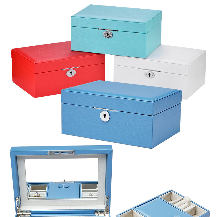 Vintage Lockable 2 Layers Necklace Earrings Ring Pu Leather Portable Jewelry Storage Case Box With Mirror Jewelry Box