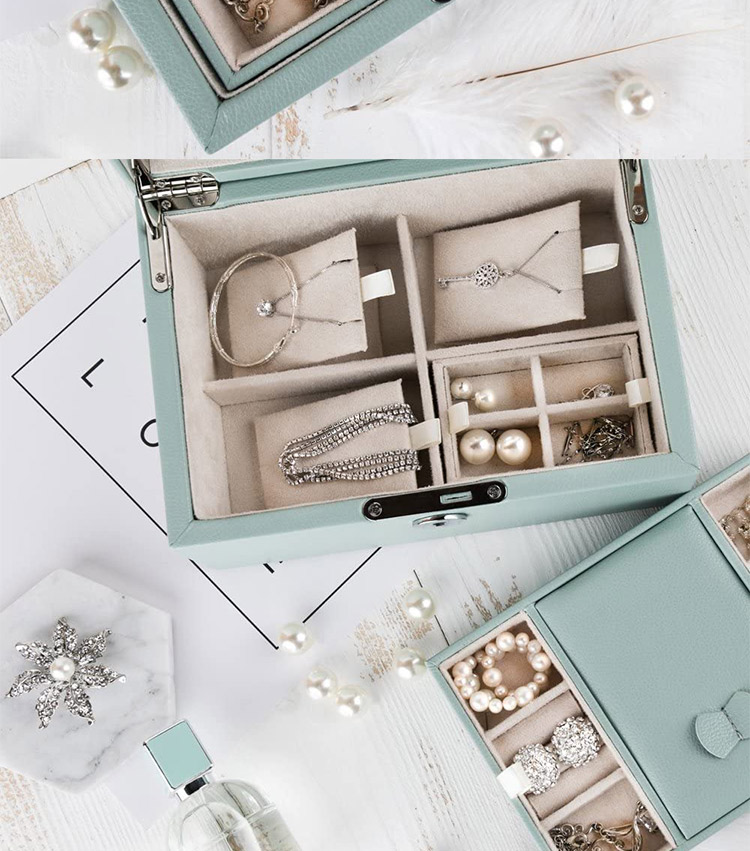 Vintage Lockable 2 Layers Necklace Earrings Ring Pu Leather Portable Jewelry Storage Case Box With Mirror Jewelry Box