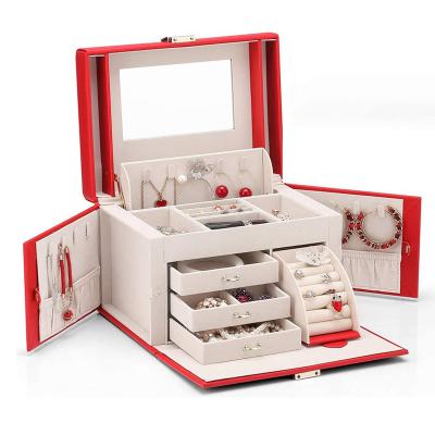 Vintage Lockable 2 Layers Necklace Earrings Ring Pu Leather Portable Jewelry Storage Case Box With Mirror Jewelry Box