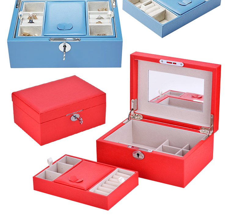 Vintage Lockable 2 Layers Necklace Earrings Ring Pu Leather Portable Jewelry Storage Case Box With Mirror Jewelry Box
